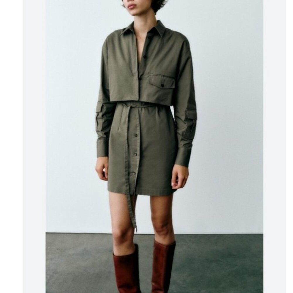 New Zara Military Green Button Up Belt Long Sleeve Pocket Collared Shirt Dress M